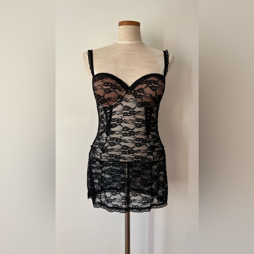 AdoreMe Josselyn Black Lace Push-Up Babydoll Slip Size M